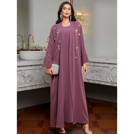 [Handmade Beaded Abaya Set] 3136 Handmade Beaded Abaya Set for Women - Lavender Long Tunic with Golden Accents, Includes Camisole and Outerwear, Perfect for Spring/Summer, Casual Elegant Wear, Elegant Attire | Beaded Embellishments | Nonstretch Fabric
