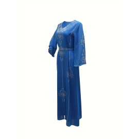 Elegant Floral Printed 1pc Long Sleeve Abaya - Polyester Chiffon Summer Robe with Rhinestone Embellishments and Belt for Middle Eastern Women