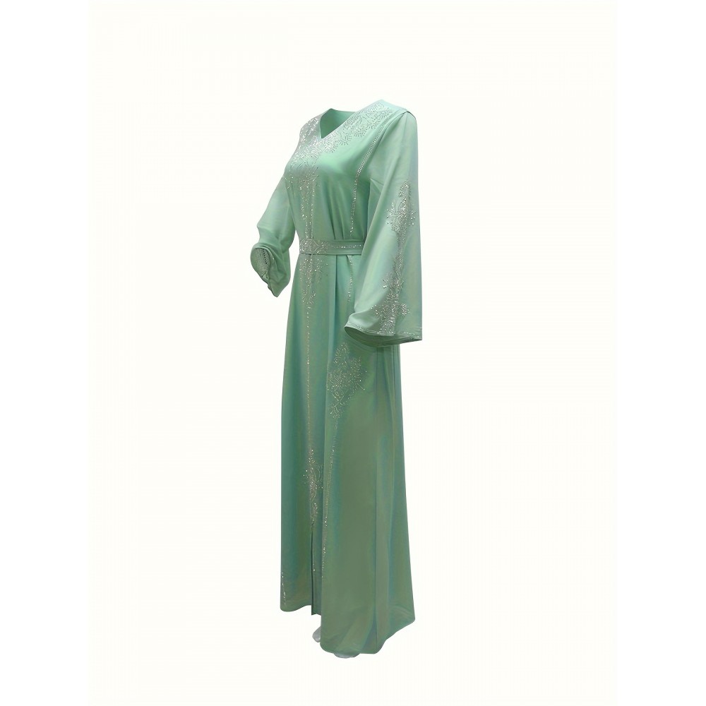 Elegant Floral Printed 1pc Long Sleeve Abaya - Polyester Chiffon Summer Robe with Rhinestone Embellishments and Belt for Middle Eastern Women