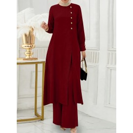 [Ramadan Top Set] Ramadan Solid Color Long Sleeve Top and Pants Set | Arabic Style, Polyester, with Faux Button Detail, for All Seasons, Women's