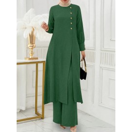 [Ramadan Top Set] Ramadan Solid Color Long Sleeve Top and Pants Set | Arabic Style, Polyester, with Faux Button Detail, for All Seasons, Women's