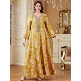 [Vintage Maxi Dress] Vintage-Inspired Elegant Maxi Dress | V-Neck, Long Sleeve, Floral Print, Loose Fit - Middle Eastern Embroidered Design for Vacation or Casual Wear