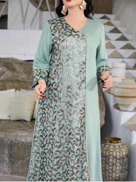 Directional Heavy Industrial Beaded Embroidery Arabic Women's Elegant Dress JALABIA V-Neck Black Creative Asymmetrical Splicing Latest Design Saudi National Day Gown