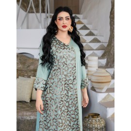 Directional Heavy Industrial Beaded Embroidery Arabic Women's Elegant Dress JALABIA V-Neck Black Creative Asymmetrical Splicing Latest Design Saudi National Day Gown