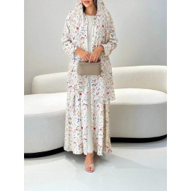 2pcs Elegant Open Abaya & Matching Headscarf Set - Floral Print, Long Sleeve, Loose Fit for Women - Ideal for Spring/Summer Outfits, Versatile Long Abaya|Floral Print Abaya|Traditional Abaya