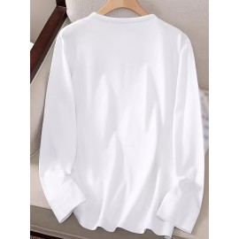 Women's Black Music Note Graphic Print Long Sleeve T-Shirt - Soft Stretch Polyester Crew Neck Casual Top with 