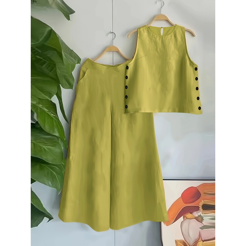 Vacation-Style Solid Color Sleeveless Women's Casual Pants Set
