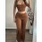 Women'S Stylish Brown Crop Top & Wide-Leg Pants Set - Casual, Asymmetrical Hem, Ribbed Texture, Perfect for Spring & Fall, Casual Wear|Asymmetrical Hemline| Construction